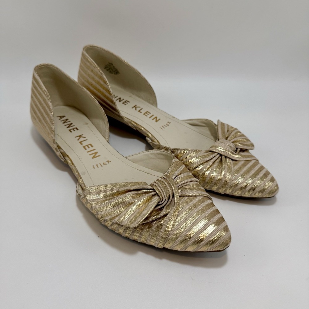 Anne Klein AKBette  Metallic Gold  Beige Stripe Toe Bow Women's Iflex Flats 8.5M